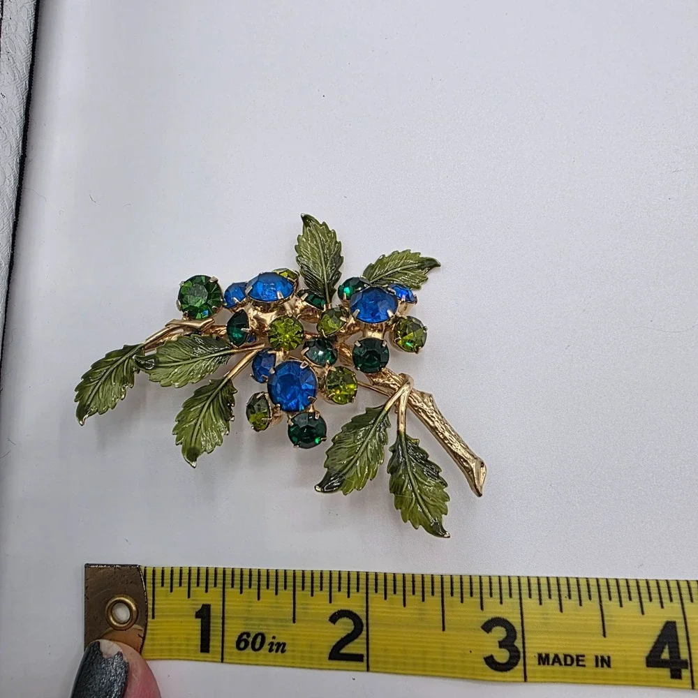 Hobe Enamel‎ Crystal Leaf Brooch Blue Green Gem Rhinestone Statement Pin Vintage